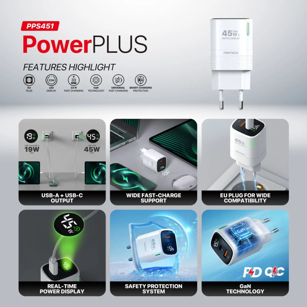 FANTECH PPS451 PowerPLUS 45W 2-Ports GaN Charger (PD+QC) 5 FANTECH PPS451 PowerPLUS 45W 2-Ports GaN Charger (PD+QC) - Image 5