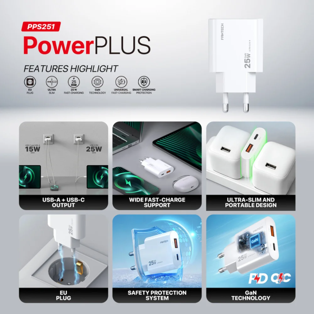 FANTECH PPS251 PowerPLUS 25W 2 Ports GaN Charger (PD+QC) 5 FANTECH PPS251 PowerPLUS 25W 2 Ports GaN Charger (PD+QC) - Image 5